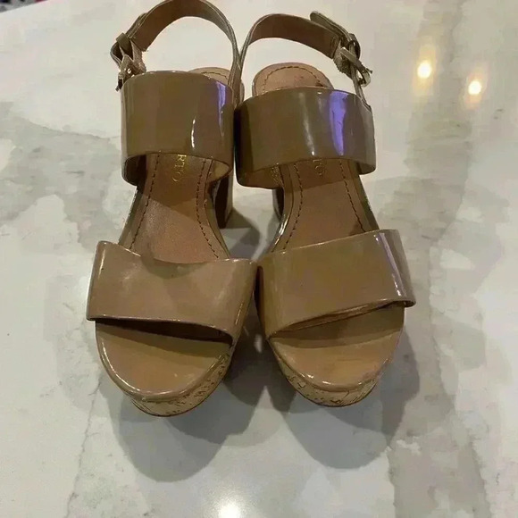Franco Sarto Frank Nude Cork Block Heels Shiny Strappy Ankle Women’s Size 6.5 - Picture 3 of 10